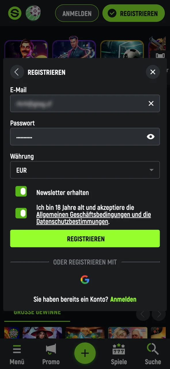 Erstelle ein neues Konto bei SpinGreen, starte noch heute durch.