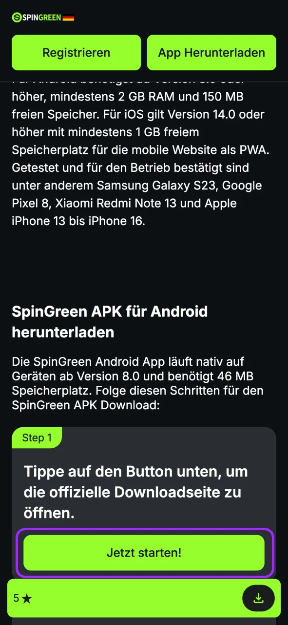 Tippe auf den Button unten, öffne die offizielle SpinGreen Downloadseite.