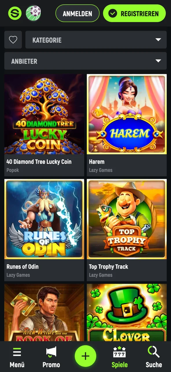 Öffne den Casino-Bereich der SpinGreen App, spiele beliebte Slots.