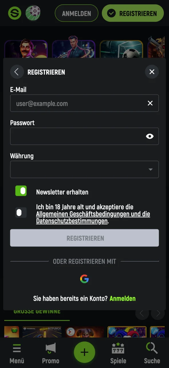 Registriere dich in der SpinGreen App, starte direkt dein Spiel.