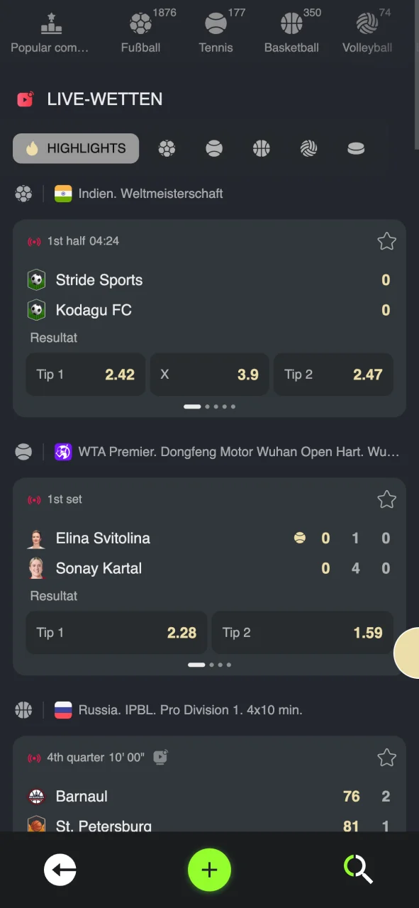 Öffne den Sportbereich der SpinGreen App, platziere deine Wetten.