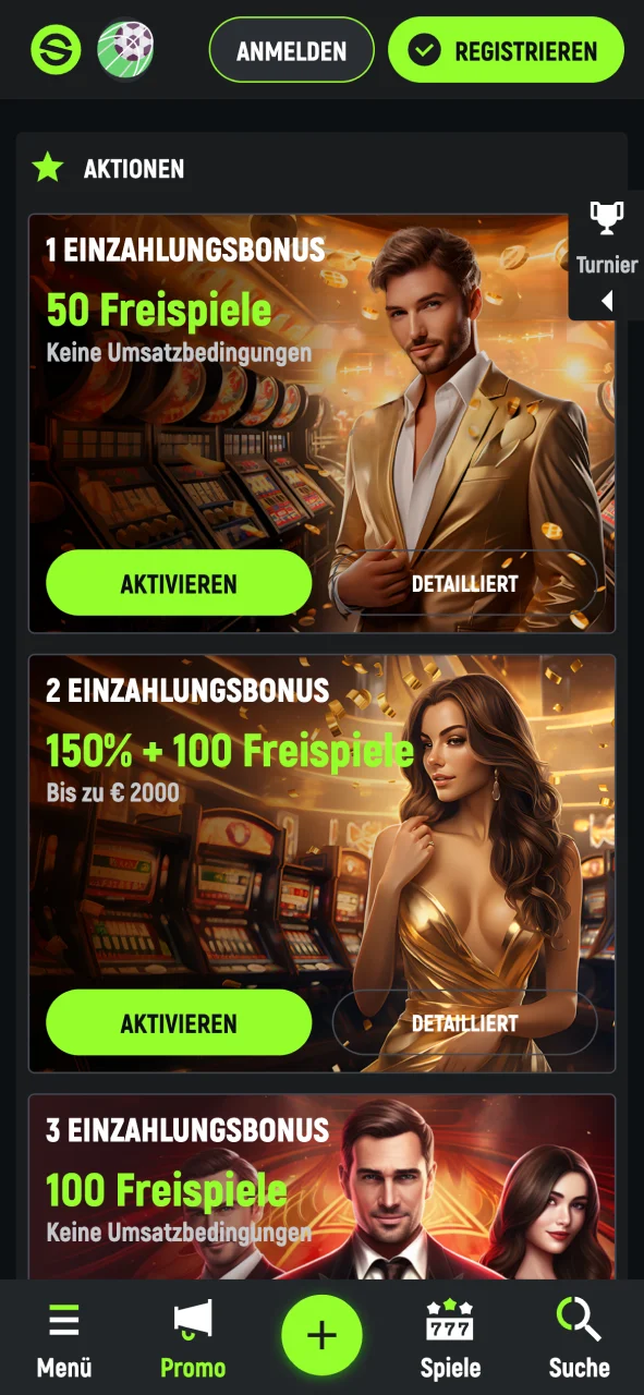 Öffne den Aktionen-Bereich der SpinGreen App, hole dir deinen Bonus.