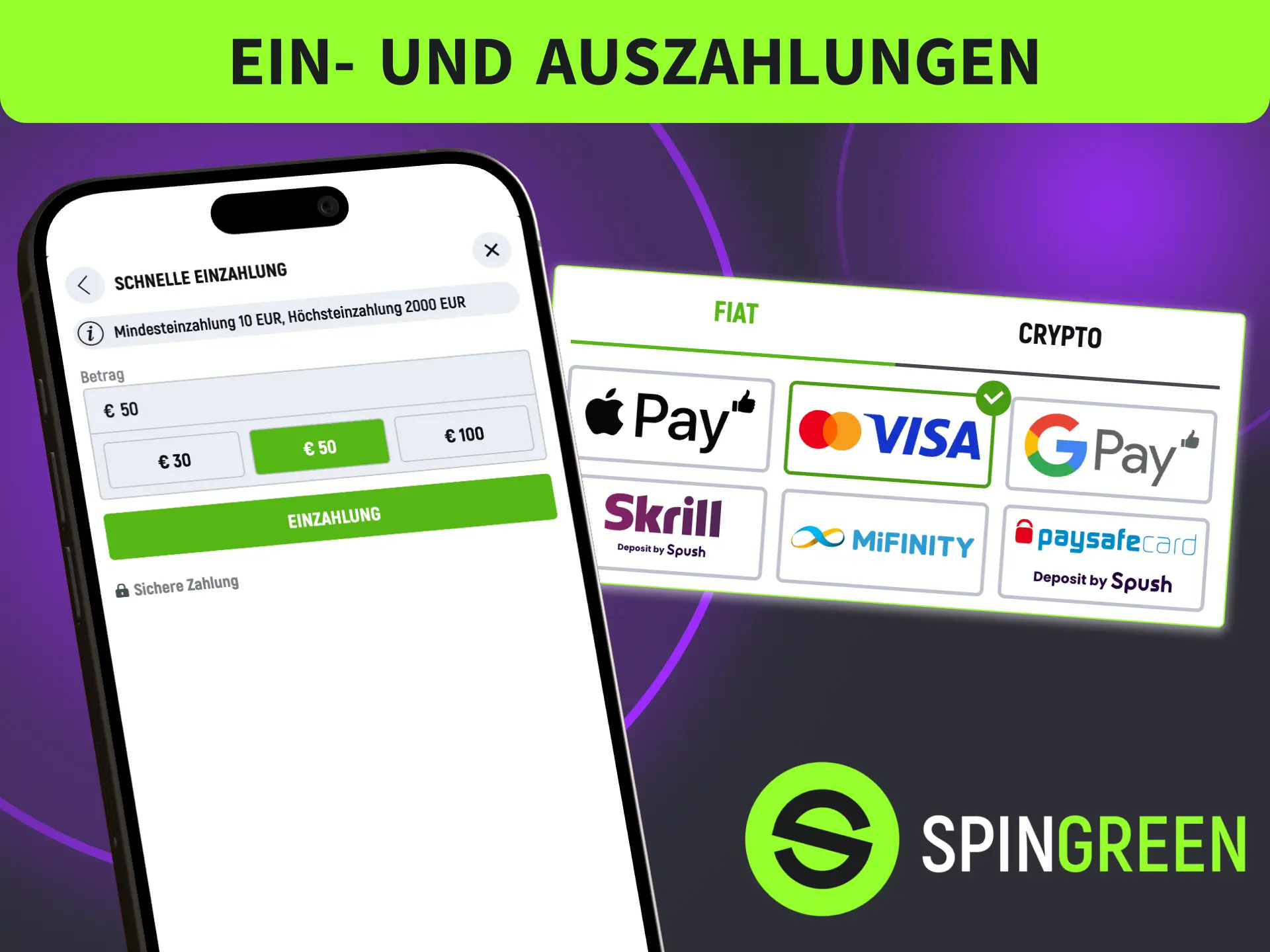 Öffne die SpinGreen App, wähle klassische Karten oder Kryptowährungen für Zahlungen.