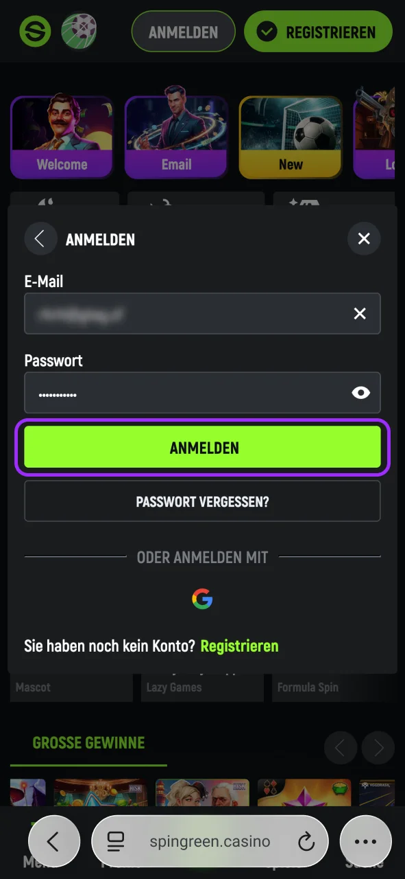Öffne das Anmeldeformular bei SpinGreen, melde dich direkt an.