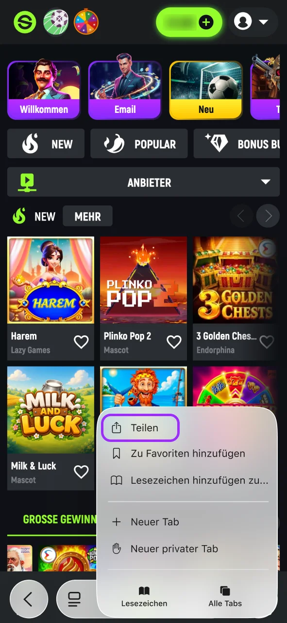 Tippe auf das Teilen-Symbol in Safari, füge SpinGreen hinzu.