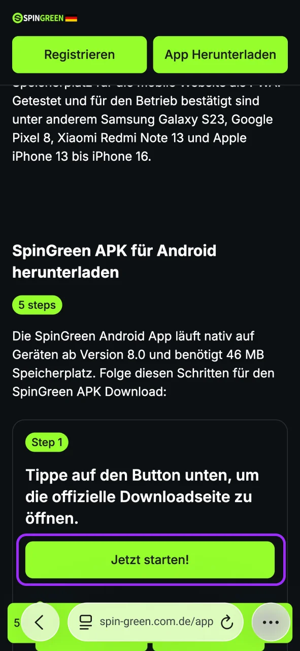 Tippe auf den Button unten, öffne SpinGreen im Safari-Browser.
