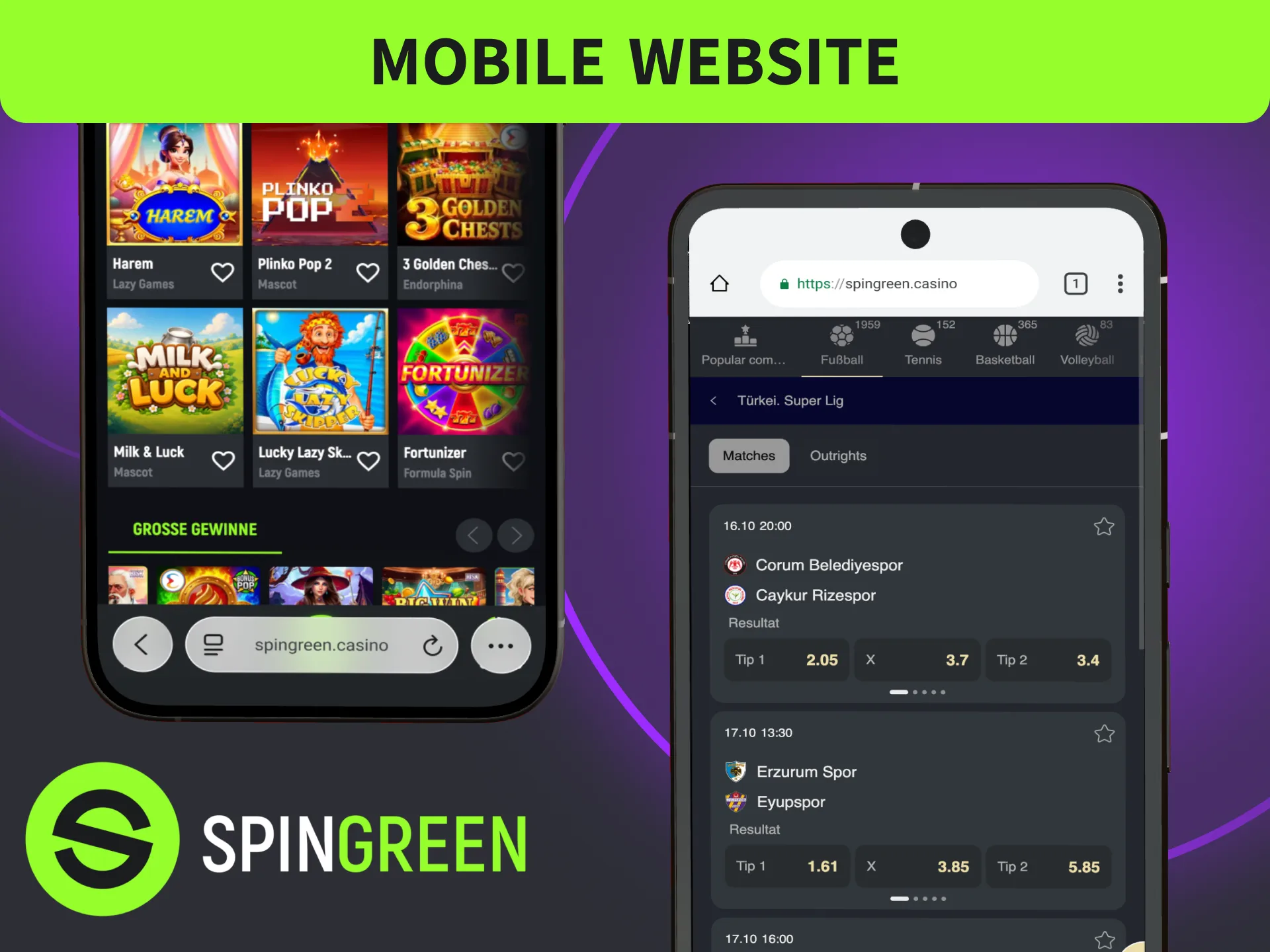 Öffne die SpinGreen Mobile Website, spiele ohne App-Installation.
