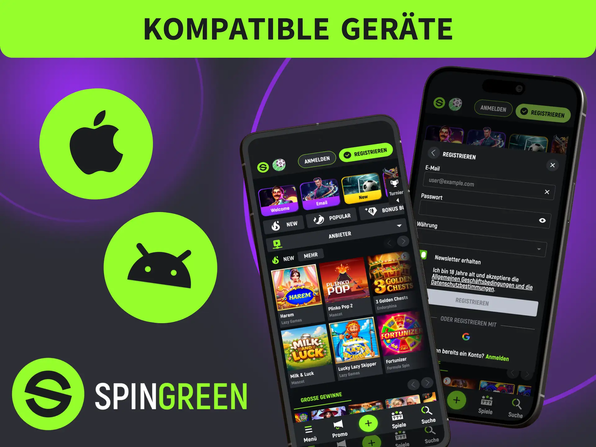 Prüfe die SpinGreen Systemanforderungen, installiere die App auf Android und iOS.