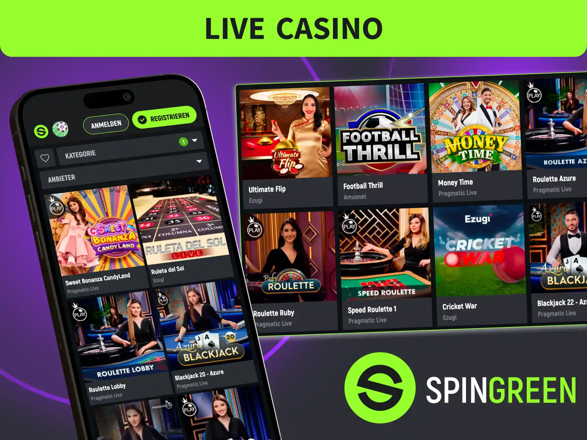 Öffne das Live Casino in der SpinGreen App, spiele mit echten Dealern.