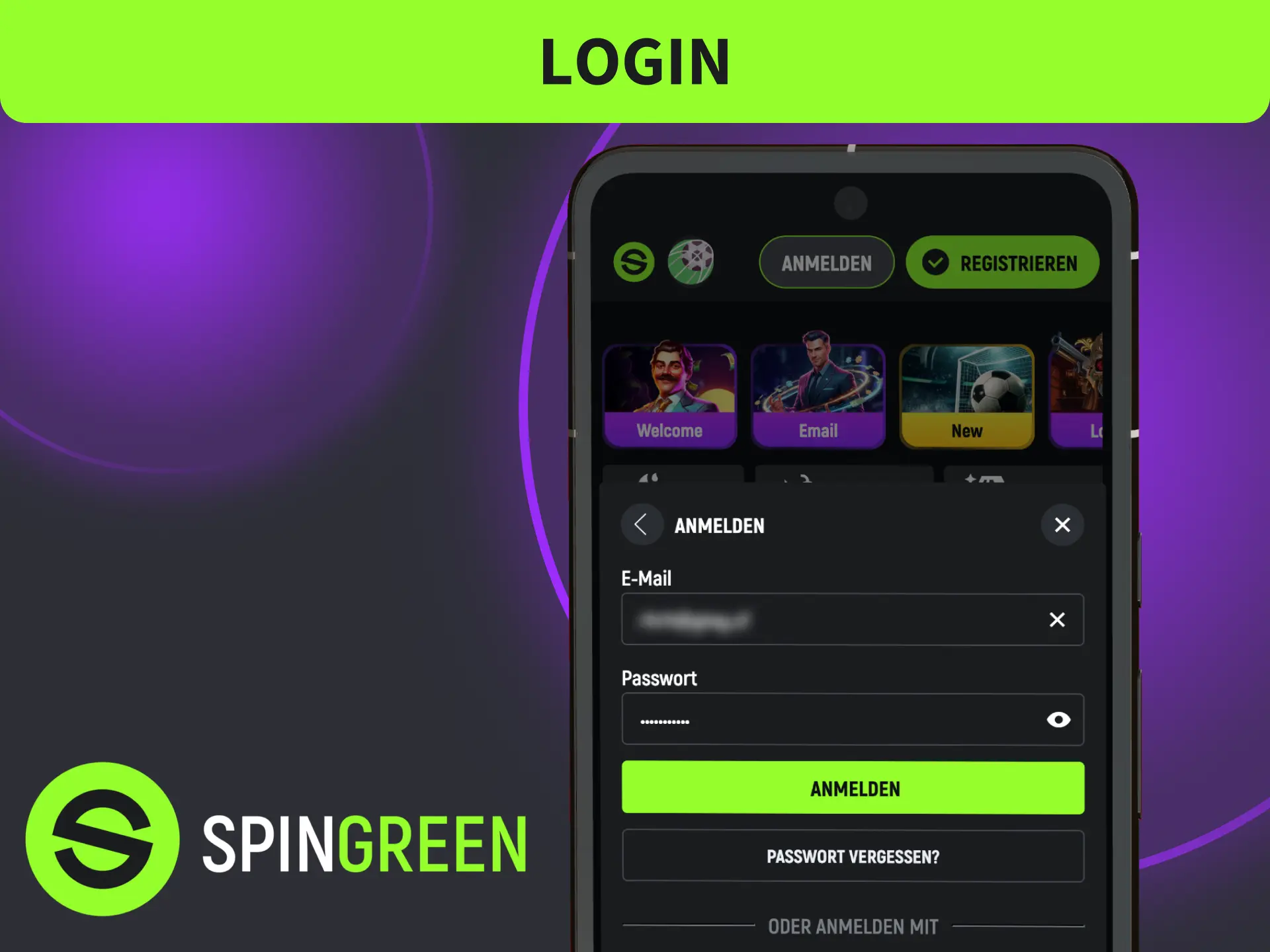 Öffne den Login in der SpinGreen App, melde dich direkt an.