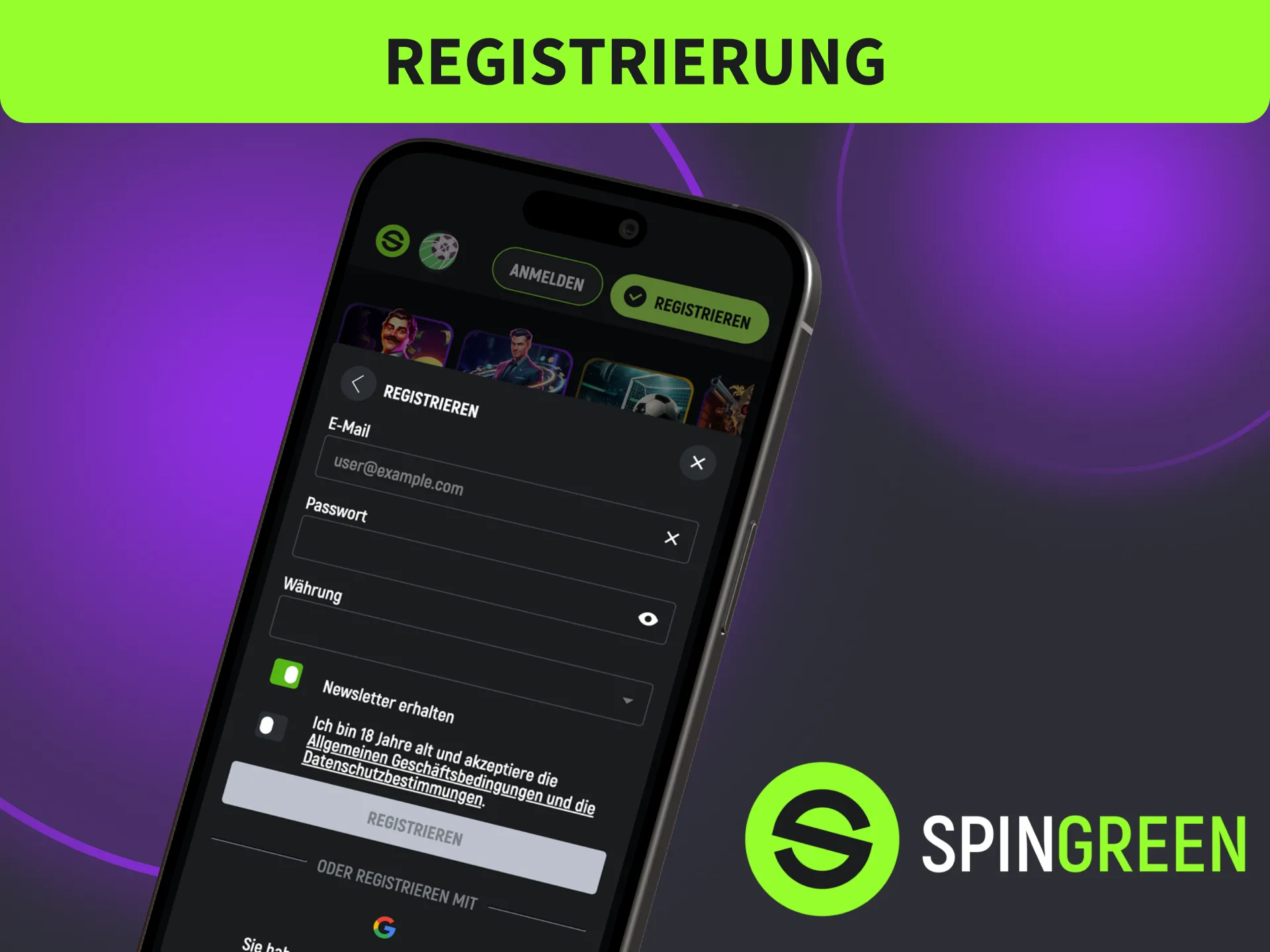Erstelle dein Konto bei SpinGreen, erhalte sofortigen Zugriff auf Sportwetten und Casino.
