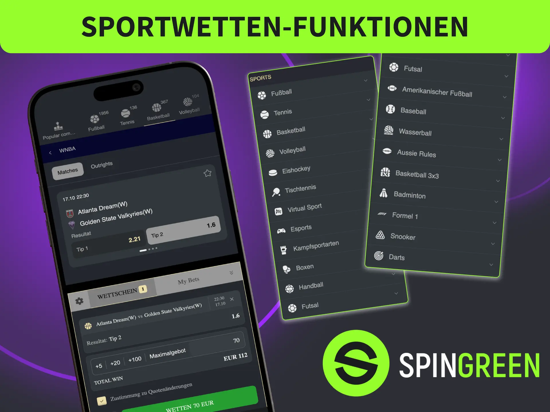 Entdecke Sportwetten-Funktionen bei SpinGreen, wette auf Top-Ligen und Turniere.