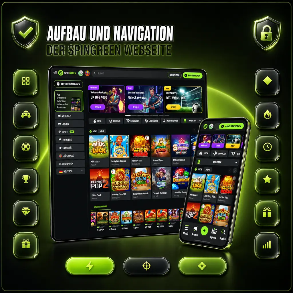 Screenshot der SpinGreen Webseite mit Navigationsleiste für Sport, Wetten, Casino und Mein Konto