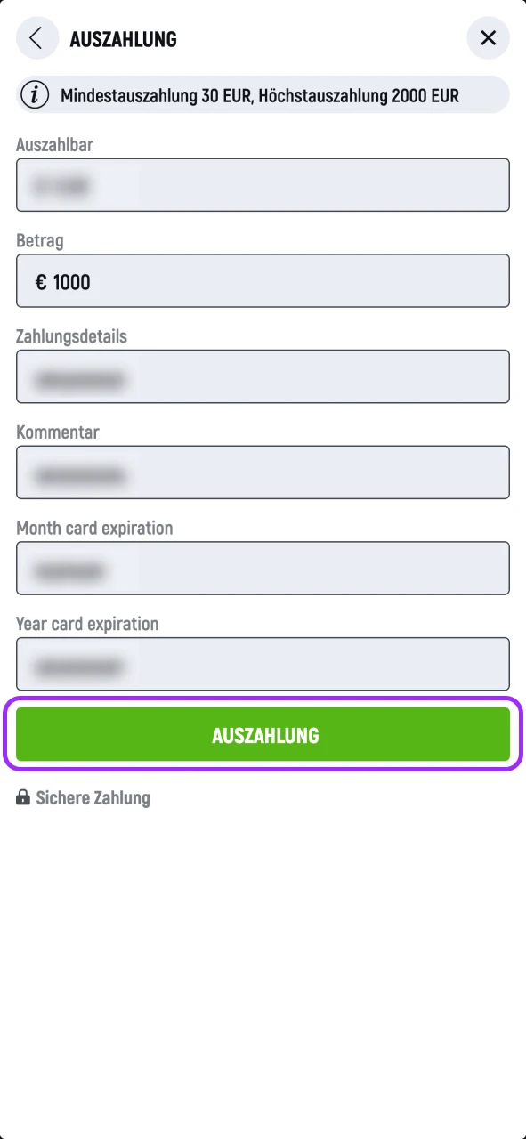 Trage den Auszahlungsbetrag bei SpinGreen ein, bestätige die Anfrage.