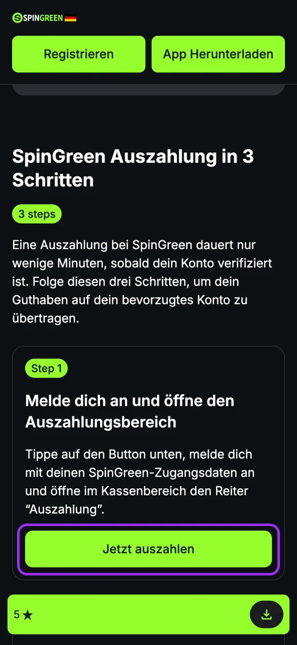 Melde dich bei SpinGreen an, öffne den Reiter Auszahlung im Kassenbereich.