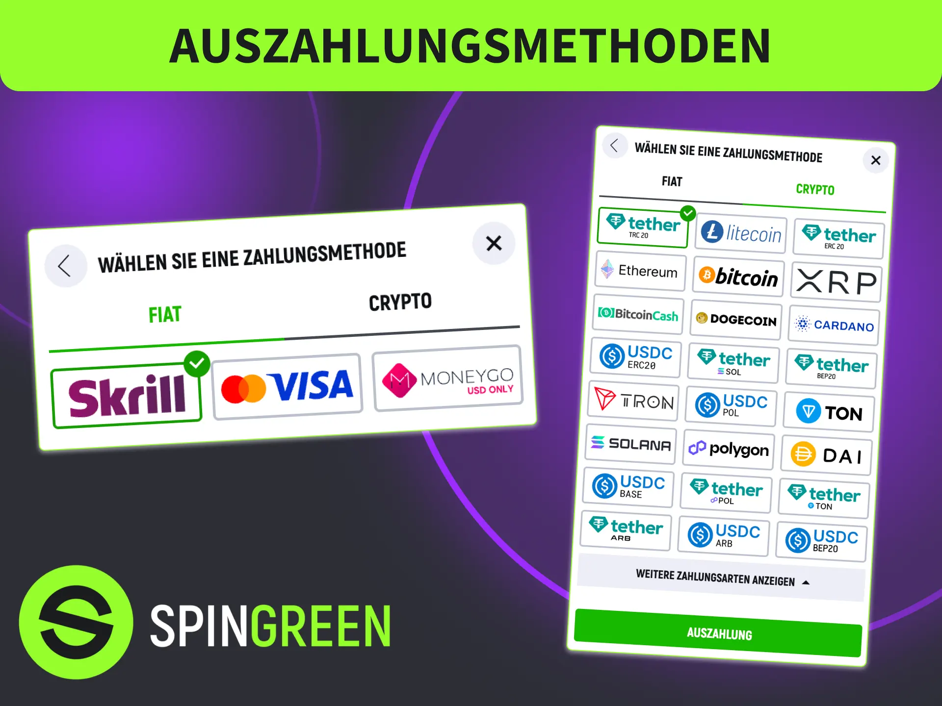 Besuche die SpinGreen Kasse, nutze schnelle Auszahlungen für Spieler in Deutschland.