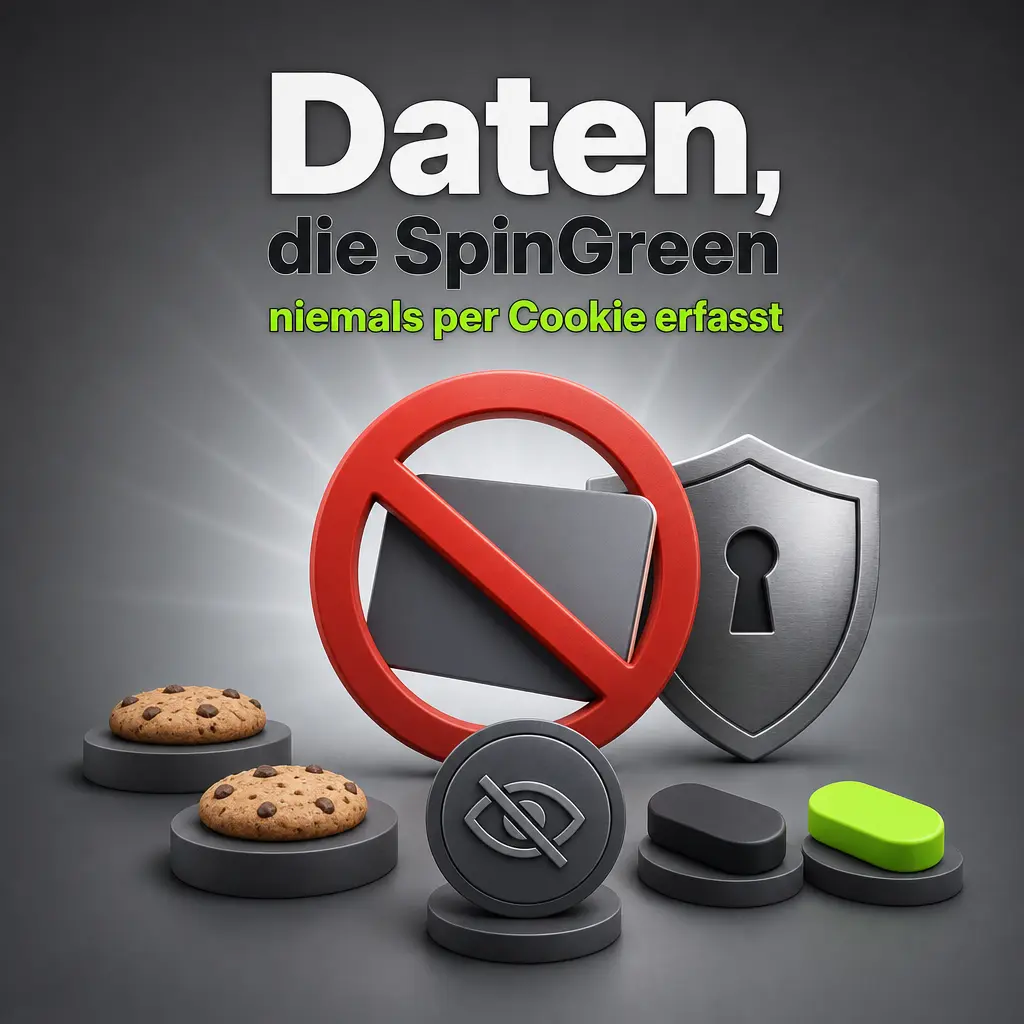 Daten, die SpinGreen niemals per Cookie speichert: Kartennummer, CVV, Bankpasswort, Ausweisdokumente oder biometrische Daten.