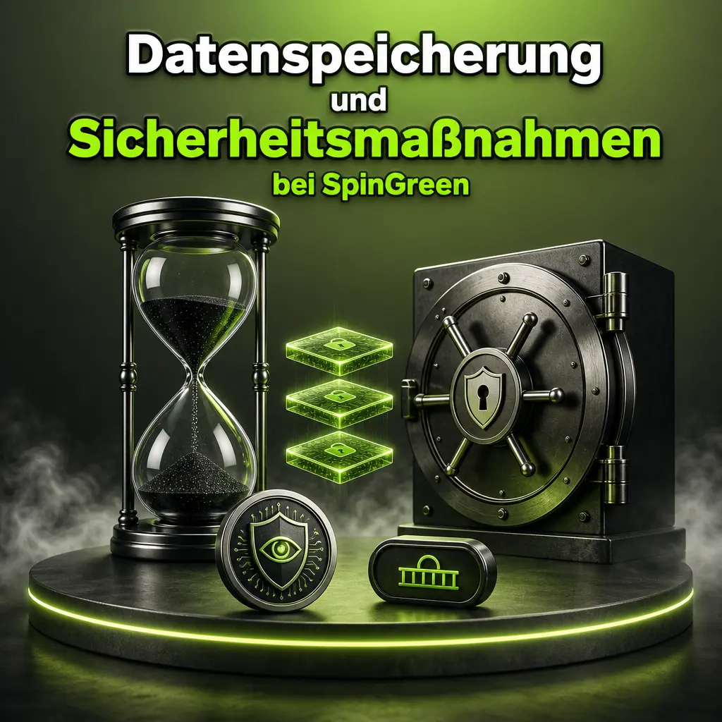 Datenspeicherung und Sicherheitsmaßnahmen bei SpinGreen: Fristen nach GwG und Abgabenordnung sowie TLS-Verschlüsselung zum Datenschutz.