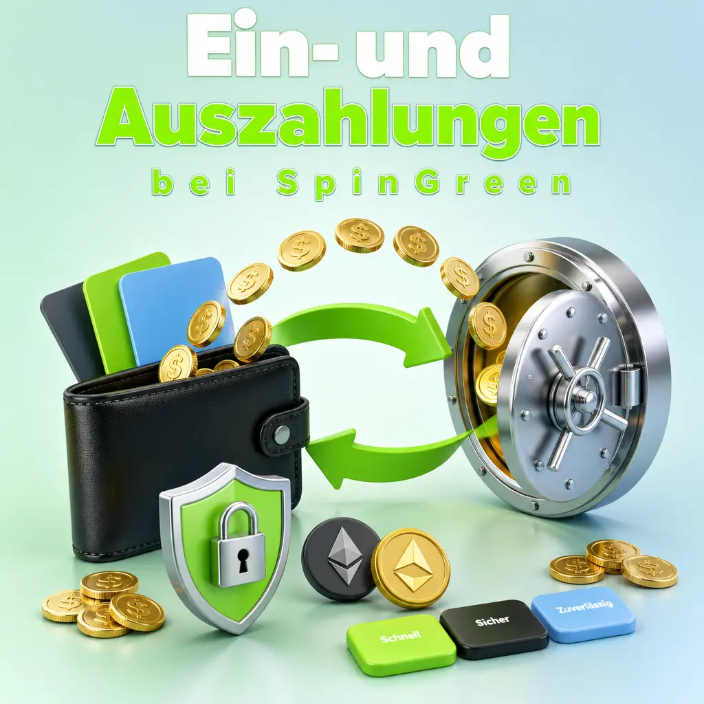 Kassenbereich bei SpinGreen mit Ein- und Auszahlungsoptionen wie Visa, Mastercard, Skrill, Neteller und Bitcoin