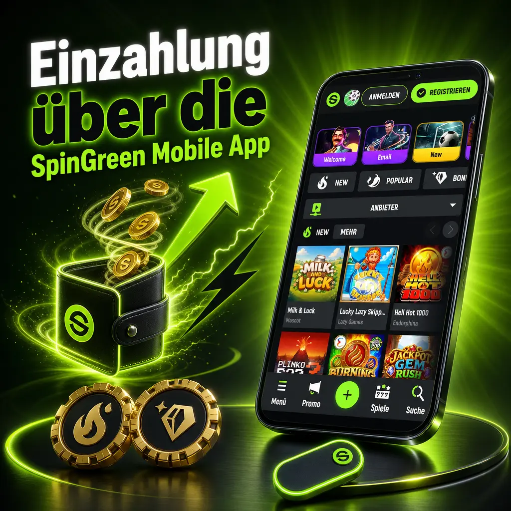 Einzahlung in der SpinGreen Mobile App mit Fingerabdruck- oder Gesichtserkennung-Bestätigung auf dem Smartphone