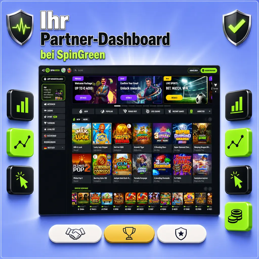 SpinGreen Partner-Dashboard mit Statistiken zu Klicks, Registrierungen, Einzahlungen und Provisionen je Tracking-Link