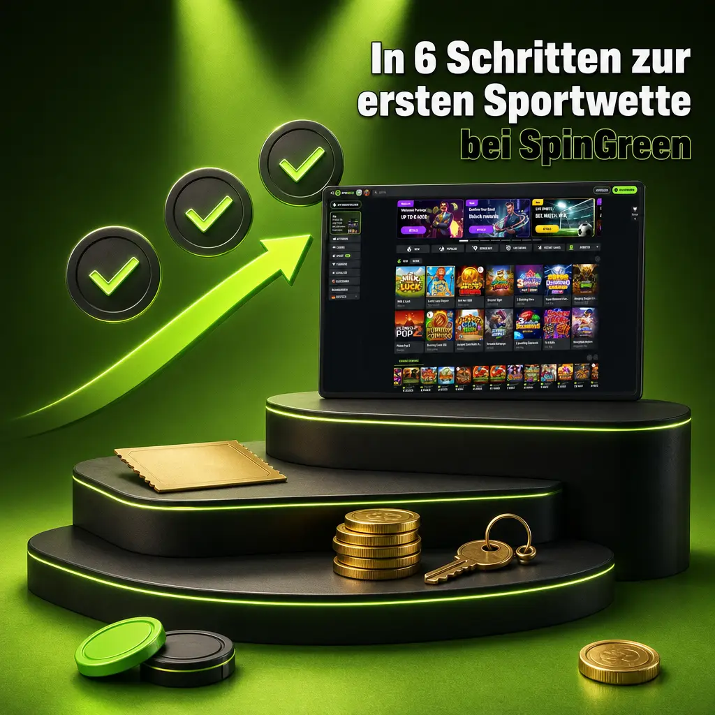 Anleitung in 6 Schritten: Konto erstellen, verifizieren, Sport wählen, einzahlen, Wettschein anlegen und Ergebnis bei SpinGreen prüfen
