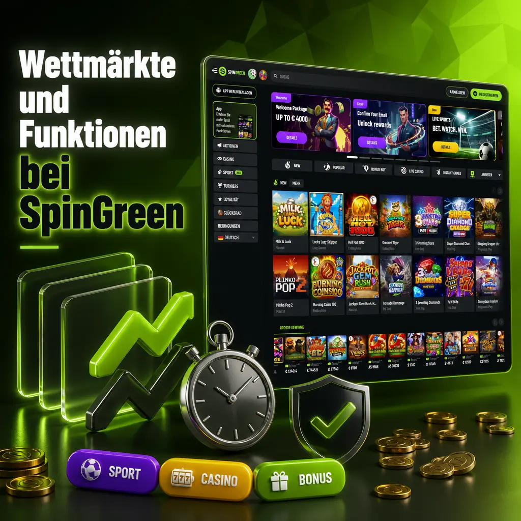Wettmärkte bei SpinGreen: 1X2, Über/Unter, Handicap, Live-Quoten, korrekte Ergebnisse und Spielerwetten im Überblick.
